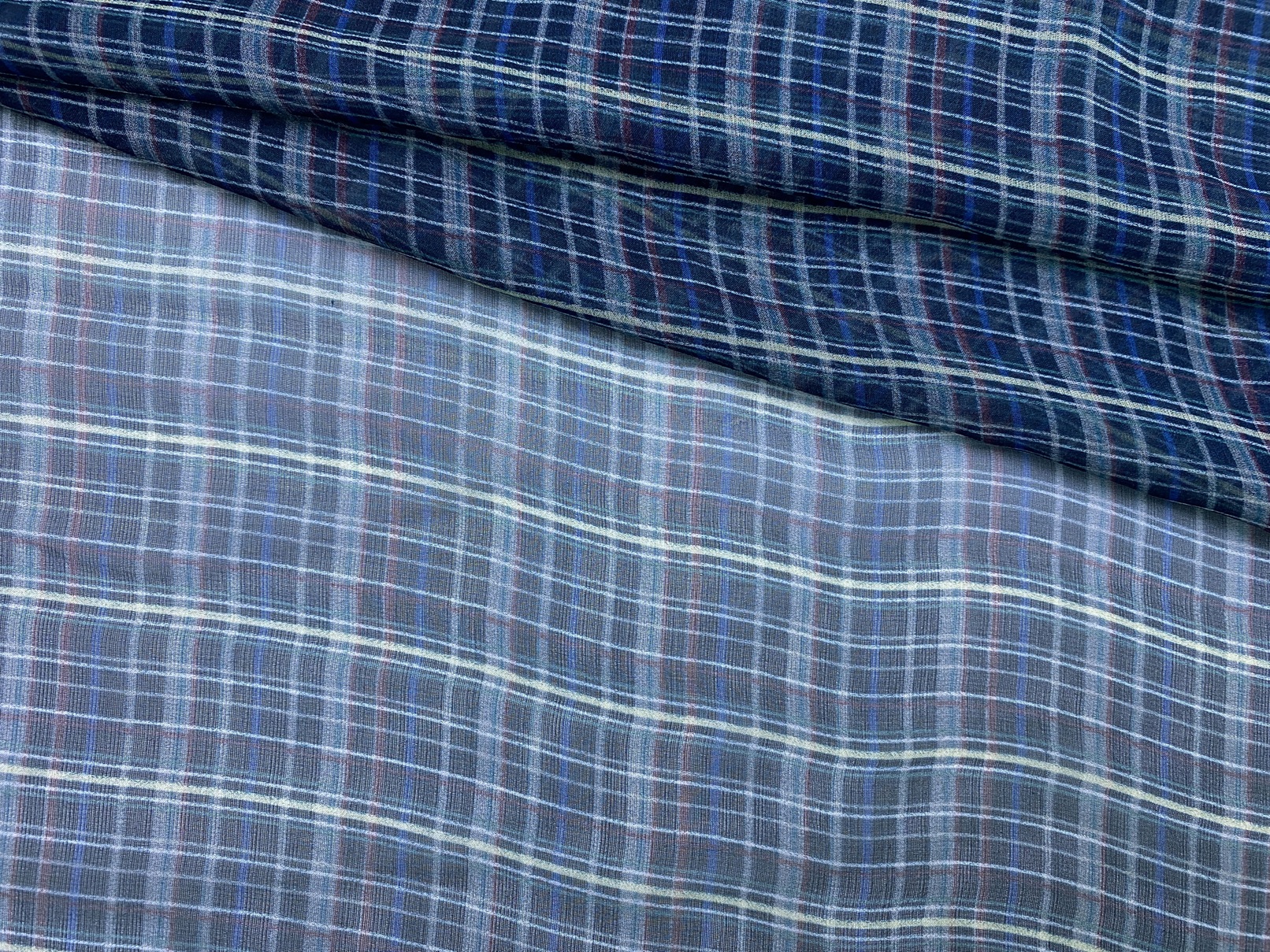 Ткань Шифон  синего цвета с принтом  клетка 24289 1