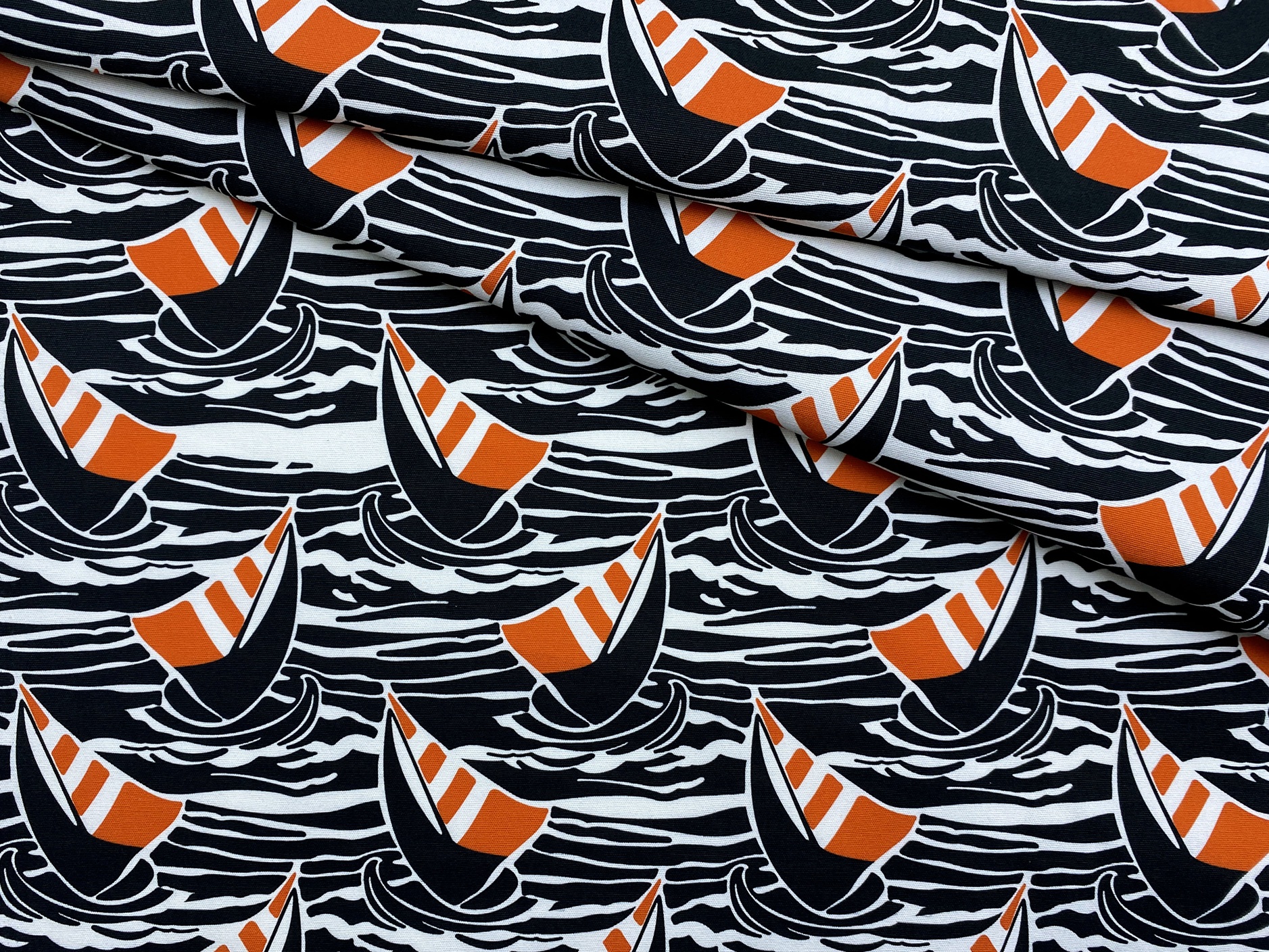 Ткань Канвас  черно-белого цвета с принтом парусники 12679 1
