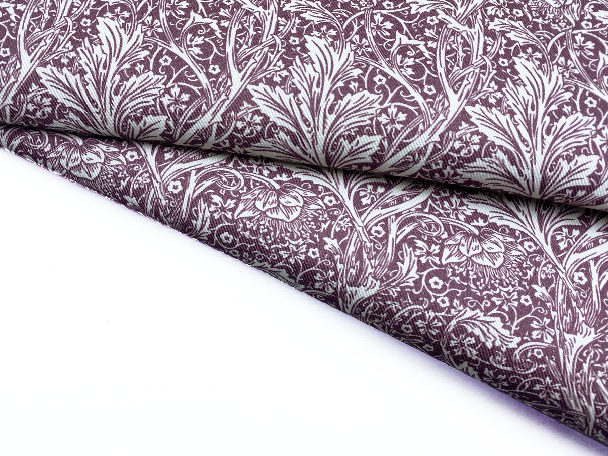 Ткань Джинса  бордового цвета с принтом  листья 12697 4