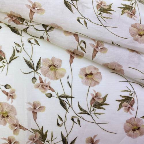 Ткань Муслин  белого цвета с принтом  пудровые цветы 16743