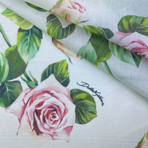 Ткань Муслин белого цвета с принтом  розы  16744