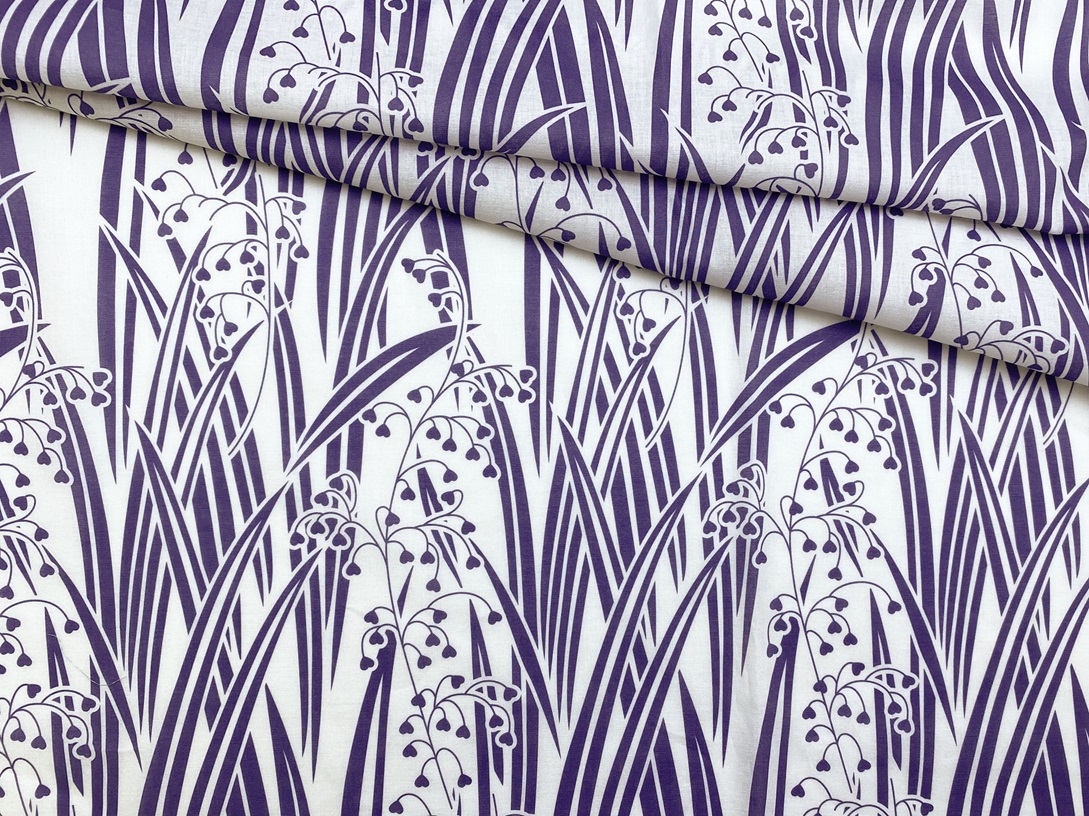 Ткань Батист белого цвета с принтом  фиолетовые стебли,  листья 16807 1