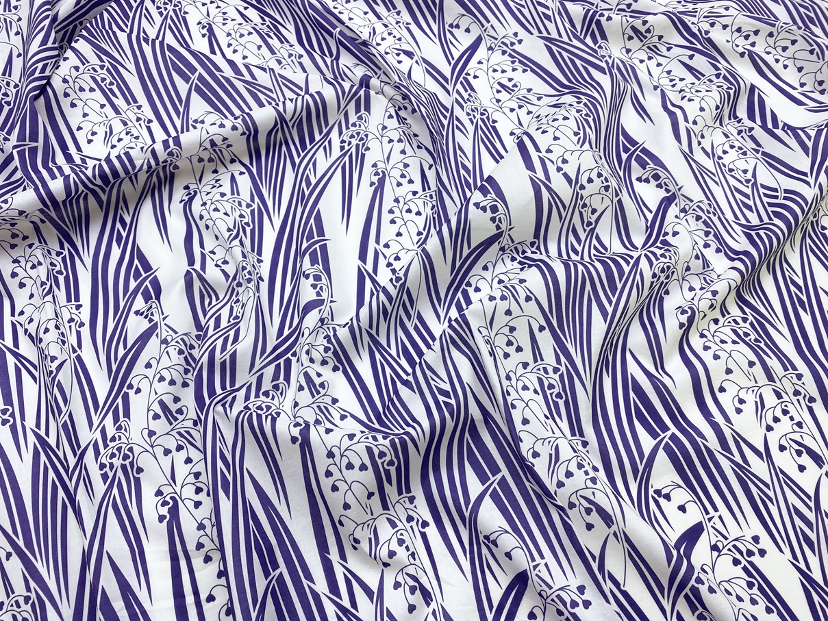 Ткань Батист белого цвета с принтом  фиолетовые стебли,  листья 16807 3