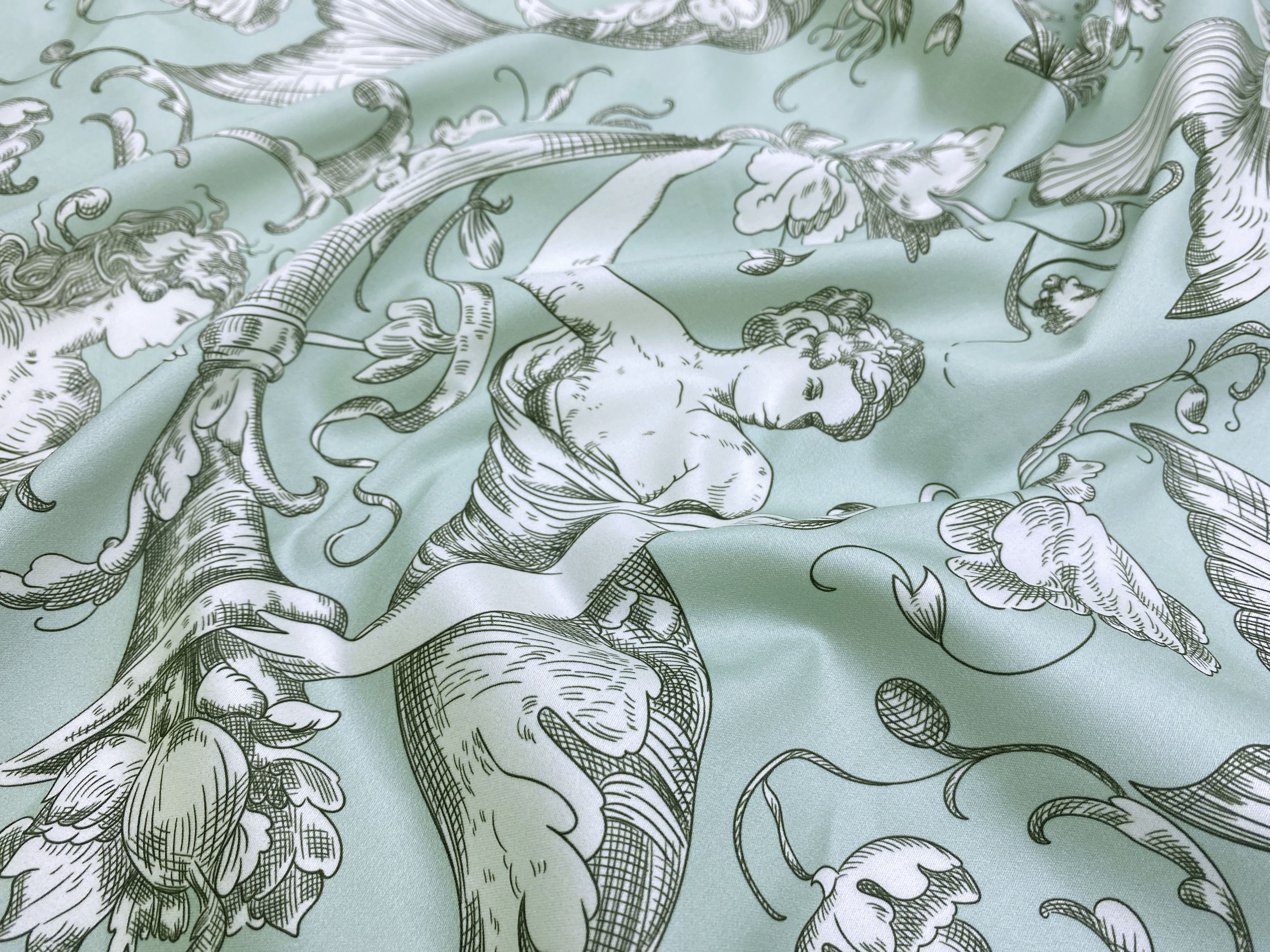 Ткань Хлопок  мятного цвета с принтом русалки 14329 2