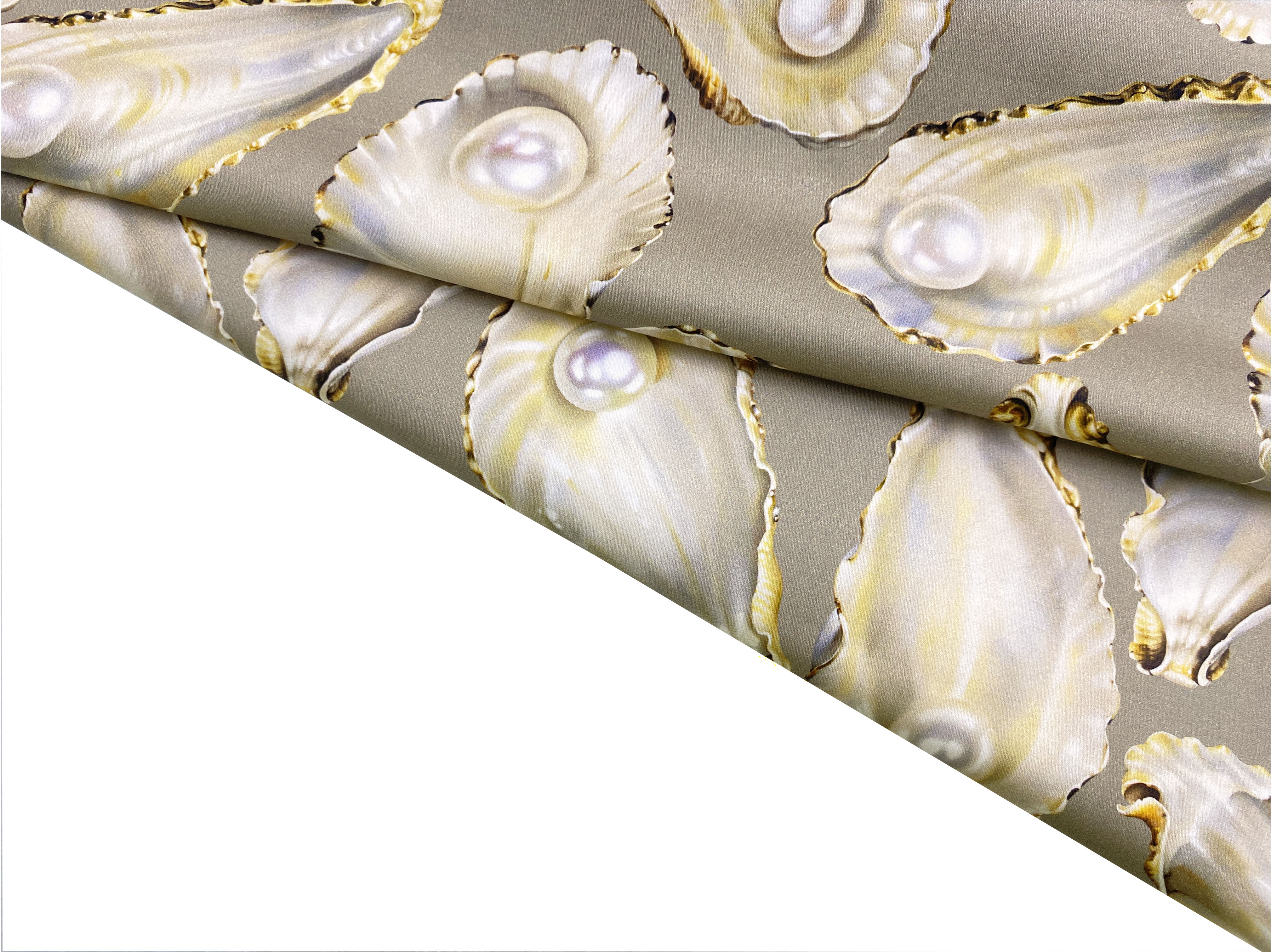 Ткань Хлопок  серо-оливкового цвета с принтом ракушки с жемчугом 14428 4
