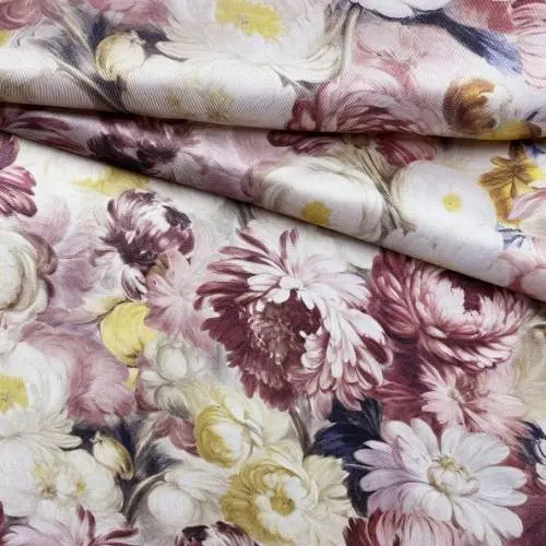 Ткань Подкладочная молочного цвета с принтом пионовидные цветы. 33169